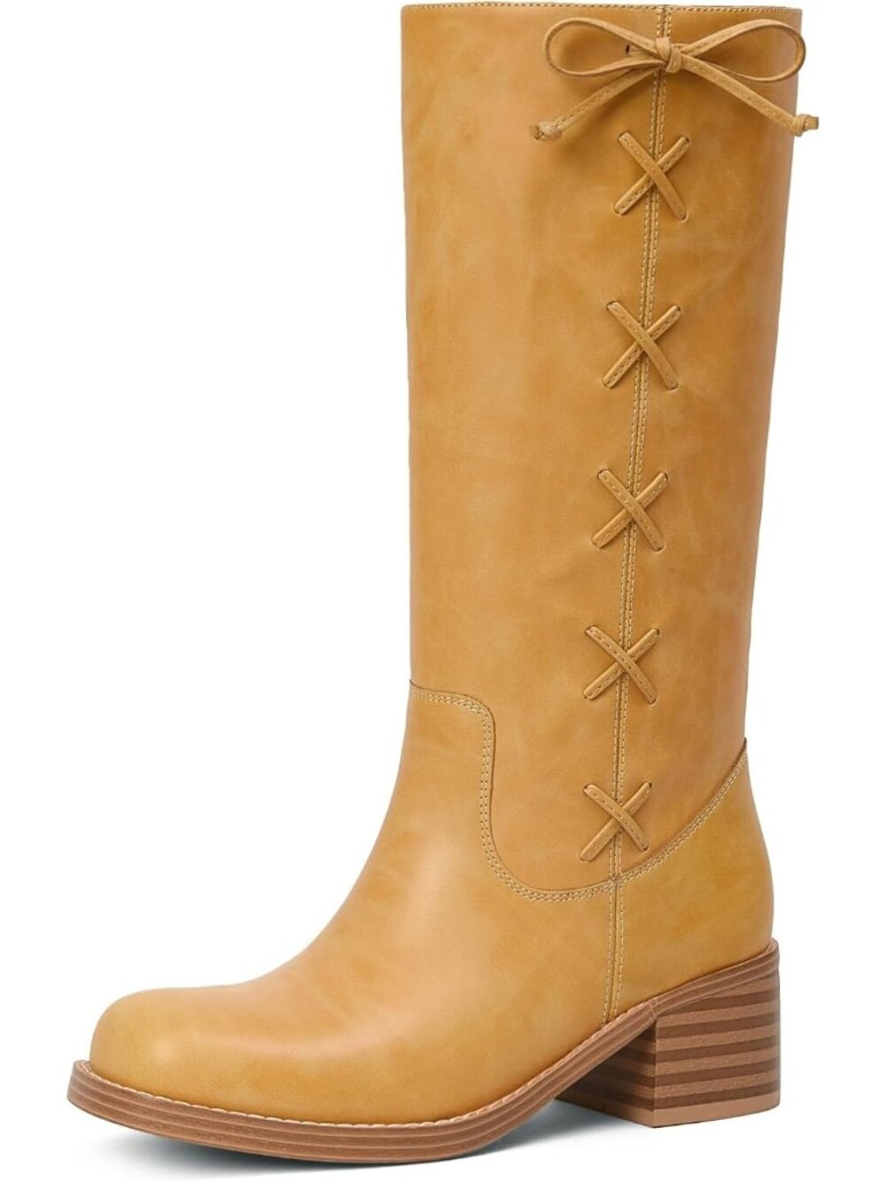 Women's Lace Yellow Comfortable Low Heel Square Toe Casual Trendy Stylish Boots